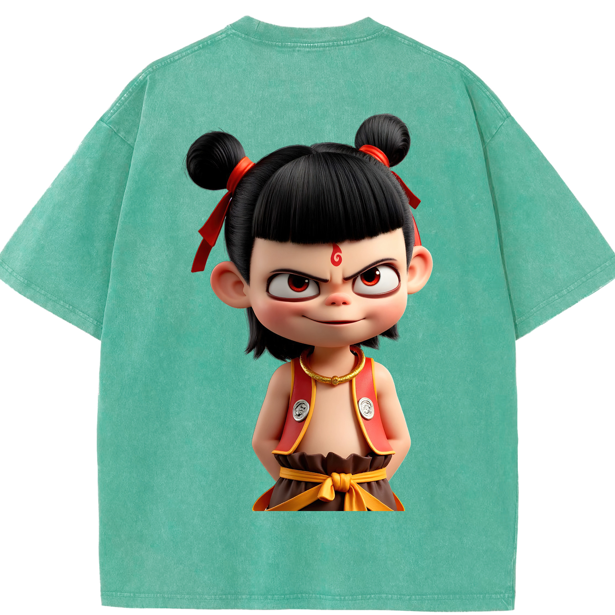 （画像用） Ne Zha 2 ナタ 魔童の大暴れ 綿100% ヴィンテージ風 半袖Tシャツ（背面プリント）